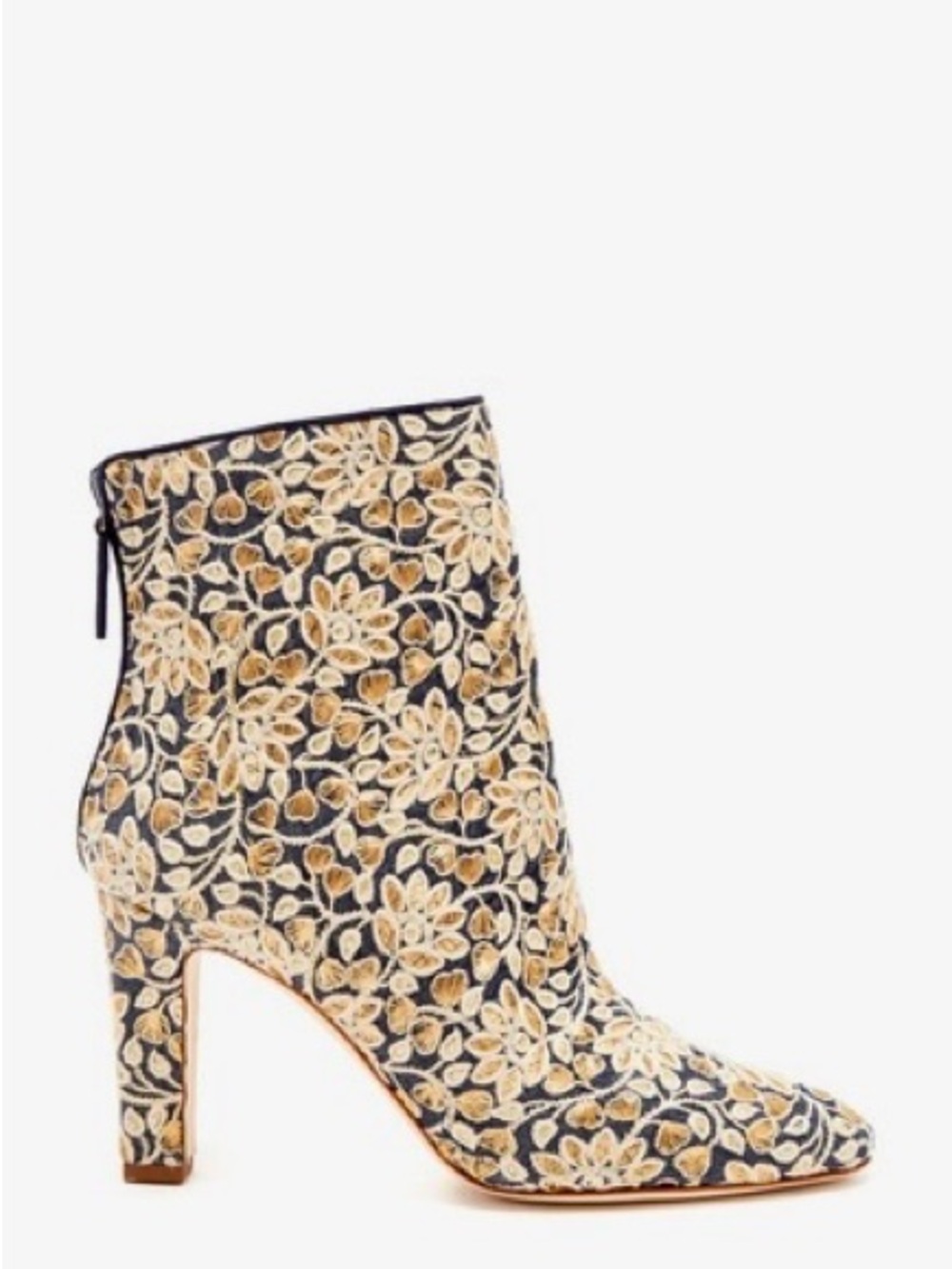 MANOLO BLAHNIK 💥RARE💥 Isola Blue Denim Gold Floral Embroidered Ankle Boots 3.5”